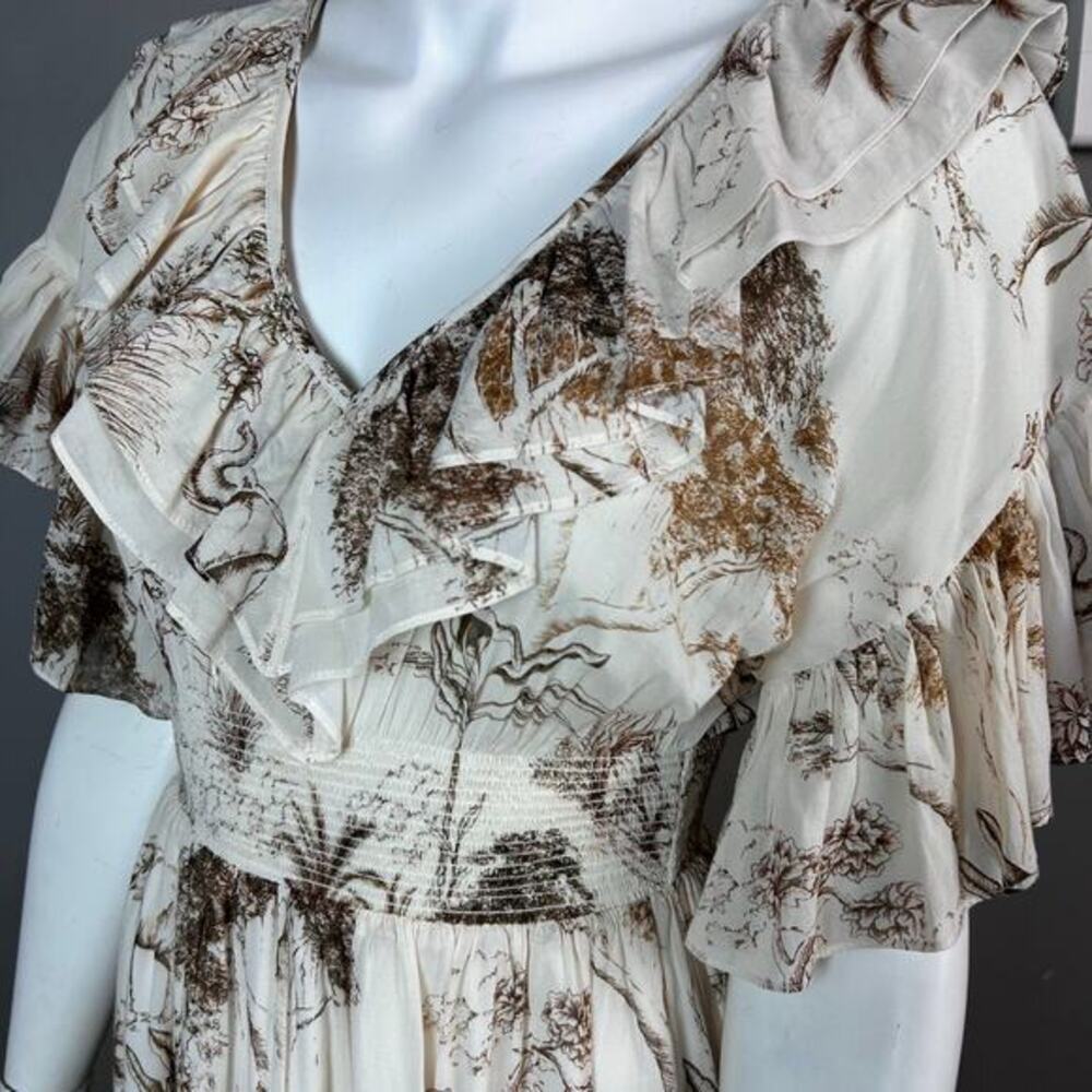 Sandro Dress 34 / XS / 2 Midi Toile‎ Ruffle Safari Print Cotton Victorian Jolay - Picture 6 of 16